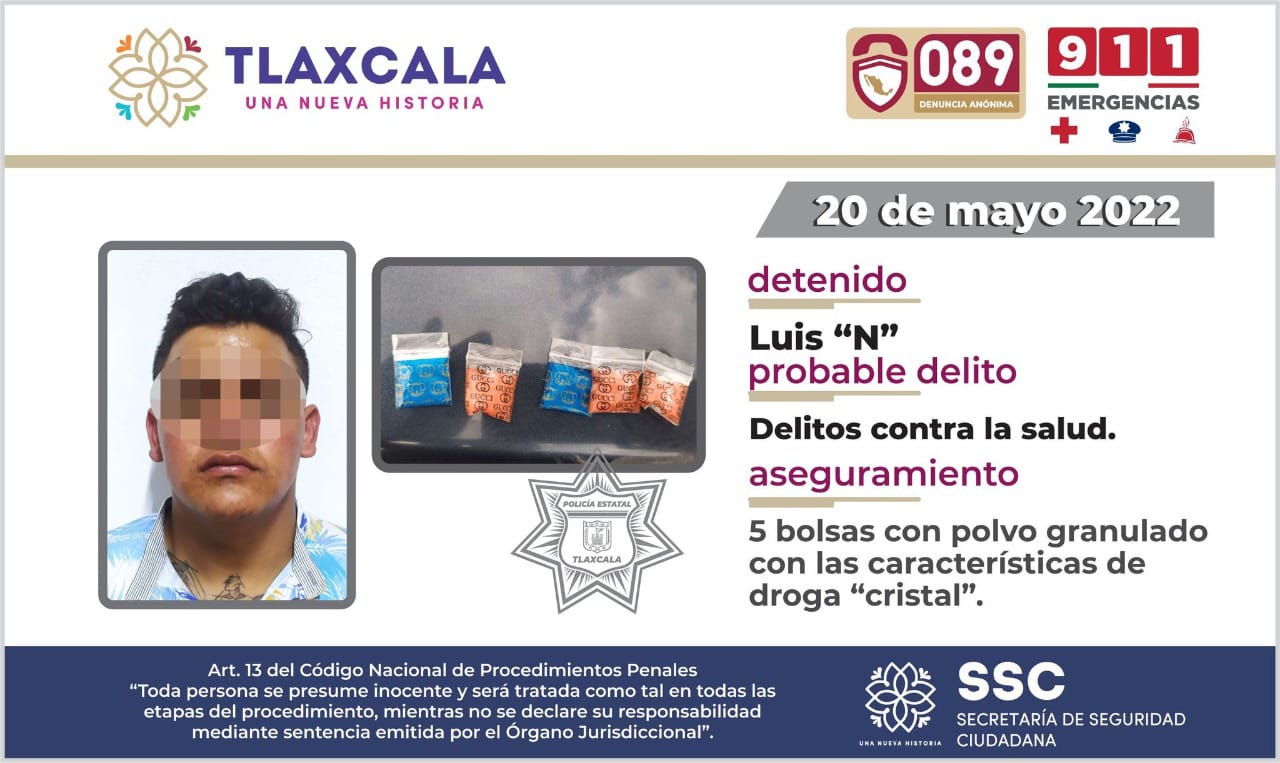 SSC detuvo en Apizaco a presunto responsable de delitos contra la salud